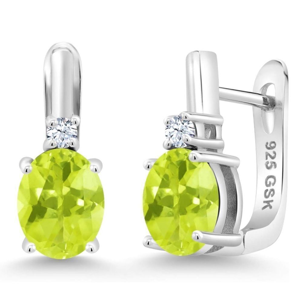 925 Sterling Silver with 3.40 Cttw Lemon Quartz and White Sapphire Oval Earrings